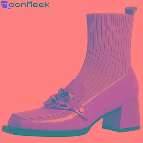MoonMeek 2022 Новое поступление толстые высокие каблуки стрейч сапоги однотонные классические женские сапоги из натуральной кожи женские весенн...