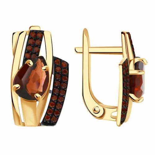 Серьги АЛЕКСАНДРА, золото, 585 проба, фианит, гранат, длина 1.7 см