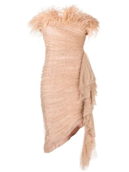 Badgley Mischka платье асимметричного кроя с перьями, оранжевый