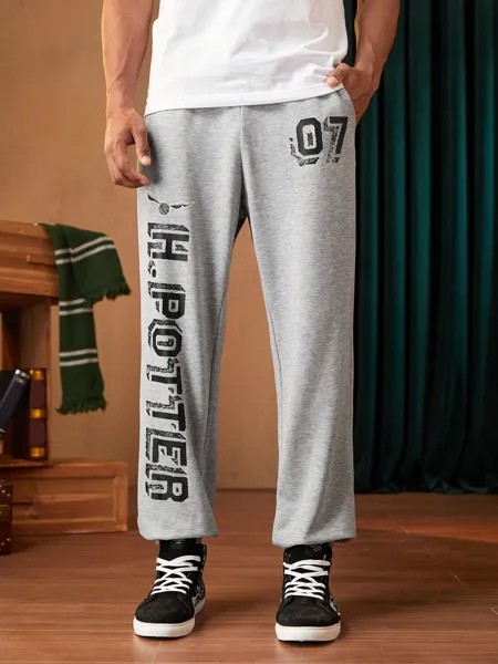 Мужские спортивные штаны с завязками на талии «Гарри Поттер X Шеин» и буквенным рисунком, светло-серый