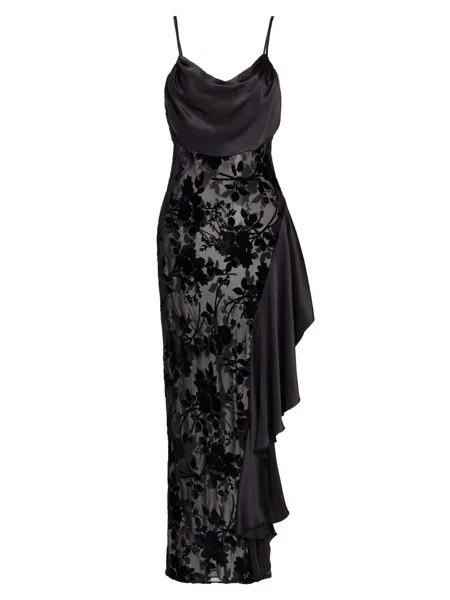 Платье макси из бархата и атласа с цветочным принтом Rodarte, черный