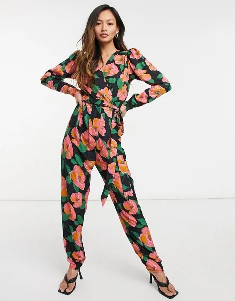 Комбинезон с запахом на талии и принтом с большими маками ASOS DESIGN-Многоцветный