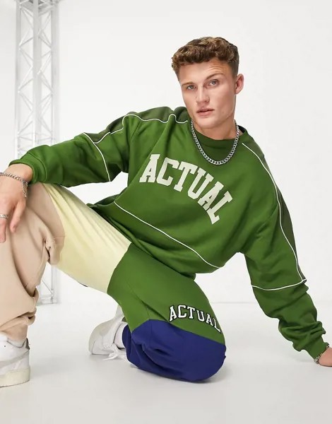 Oversized-свитшот зеленого цвета с вельветовыми вставками и принтом логотипа ASOS Actual-Зеленый цвет