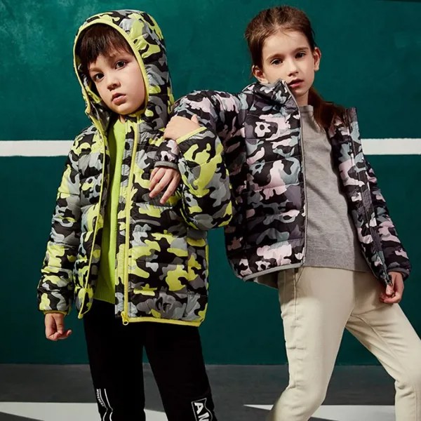Детский легкий и тонкий пуховик, зимняя короткая камуфляжная куртка с капюшоном для мальчиков и девочек, A1636, 2022