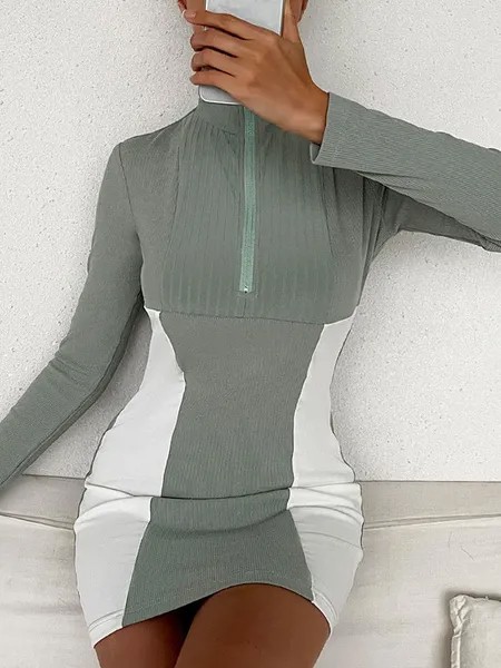Milanoo Knitted Dress For Women Charming Zipper Two Tone Polyester Long Sleeves Stretch High Collar