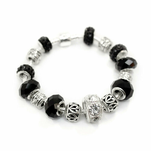 Браслет-цепочка Handinsilver ( Посеребриручку ) Браслет с шармами на основе из бижутерной стали, стекло, муранское стекло, стразы, 1 шт., размер 22 см, черный