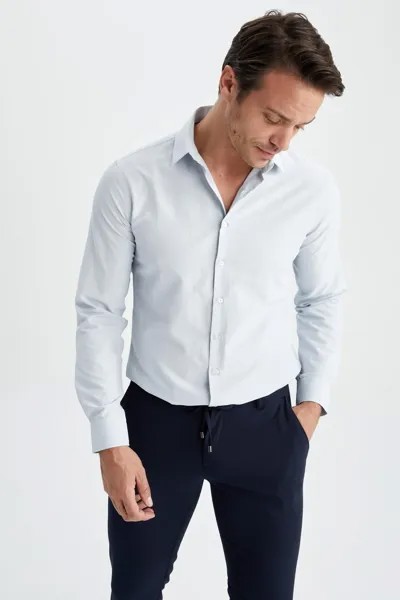 Текстурированная хлопковая рубашка с длинными рукавами и воротником-поло Modern Fit DeFacto, синий