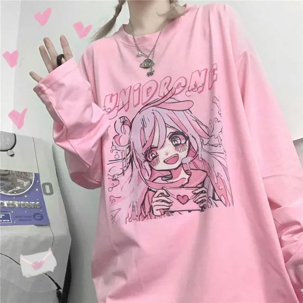 Харадзюку с длинным рукавом Kawaii Футболка Мягкая девушка Симпатичная аниме футболка с принтом Японская уличная одежда Hiphop Повседневные топы для девочек Y2k Клубный стиль