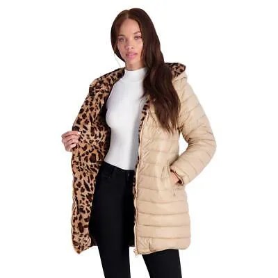 Jessica Simpson Womens Tan Reversible Midi Puffer Jacket Coat S BHFO 7484