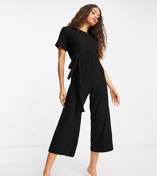 Черный комбинезон для дома из мягкого материала в рубчик ASOS DESIGN Petite-Черный цвет