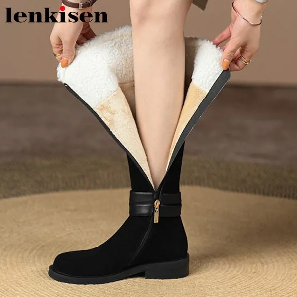 Модные длинные зимние сапоги Lenkisen в стиле ретро с круглым носком и пряжкой, романтичные французские сапоги на среднем каблуке из коровьей з...