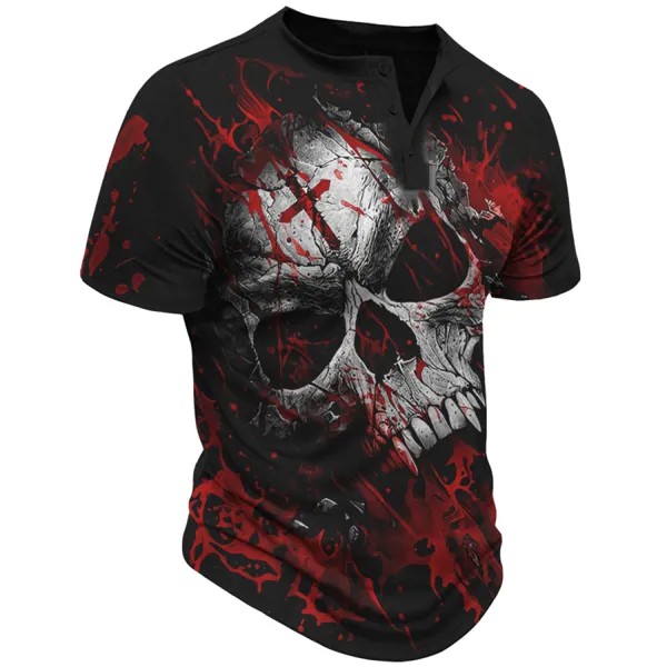 Мужская футболка с коротким рукавом Vintage Skull Cross Henley с коротким рукавом