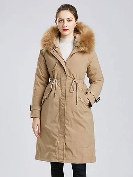 Milanoo Women Puffer Coats Khaki Removable Knee Length Embroidered Hooded Zipper Long Sleeves Casual