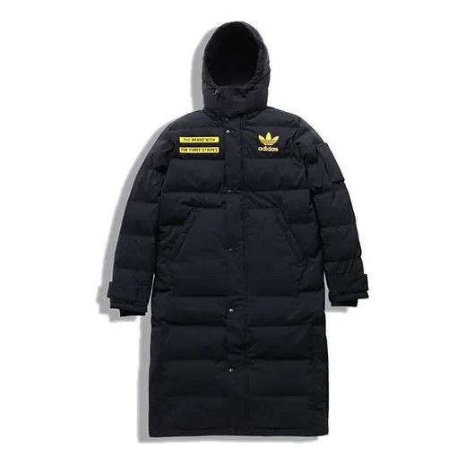 Пуховик adidas originals Long Jacket Back logo mid-length hooded down Jacket Black, черный