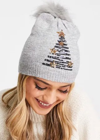 Новогодняя серая шапка-бини с помпоном из искусственного меха и выложенной пайетками елкой Boardmans-Серый