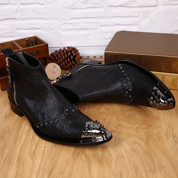 Ботинки Batzuzhi мужские кожаные, модные дизайнерские Короткие полусапожки с металлическим носком и заклепками в западном стиле, цвет черный