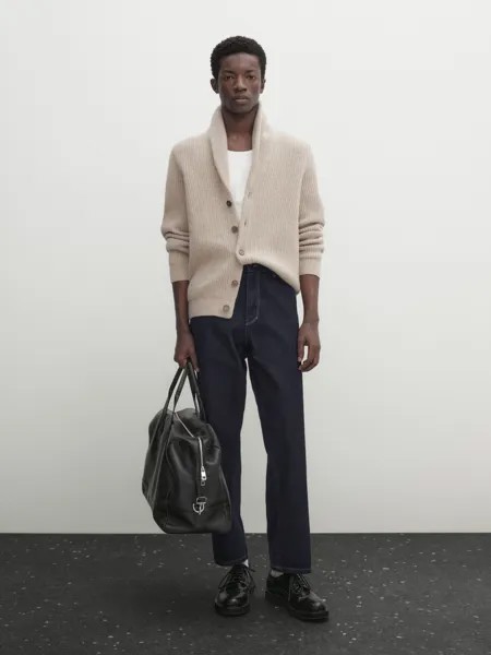 Вязанный кардиган с шальным воротником Massimo Dutti, бежевый