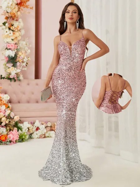 SHEIN Вечернее платье Belle для женщин, сверкающий градиент, пайетки, открытая спина, рюши/рюши, бретельки-спагетти, цвет «русалка», розово-красный