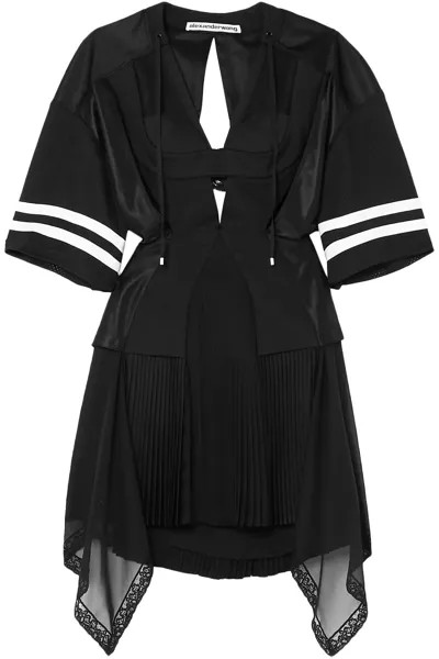 Мини-платье из плиссированного шифона и сетки в полоску с вырезом Alexander Wang, черный