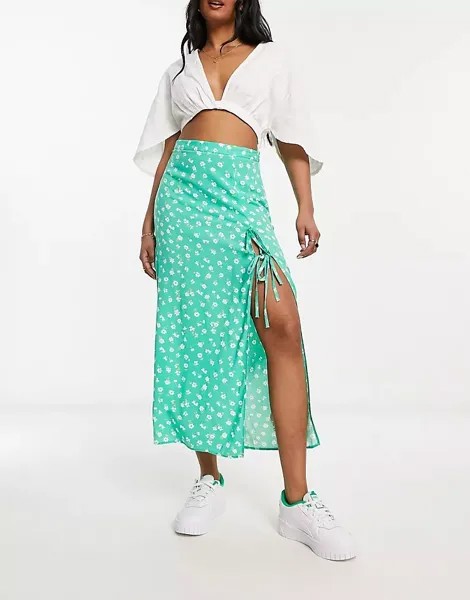 Зеленая юбка миди с бантом и разрезом на бедрах ASOS DESIGN с цветочным принтом, зеленый цветочный