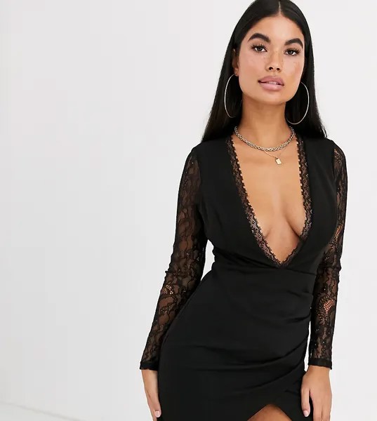 Платье мини с запахом и кружевной вставкой ASOS DESIGN Petite-Черный цвет