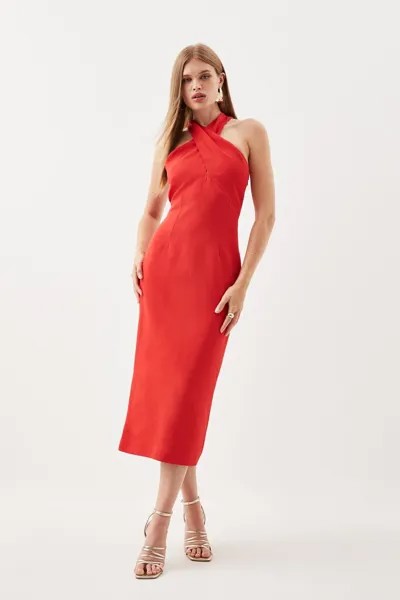 Итальянское структурированное платье миди в рубчик с перекрестным вырезом на заказ Karen Millen, красный