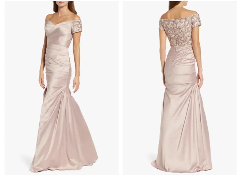 LA FEMME Платье-русалка цвета шампанского, расшитое бисером на спине, с открытыми плечами и рюшами, из креп-атласа, 6 США