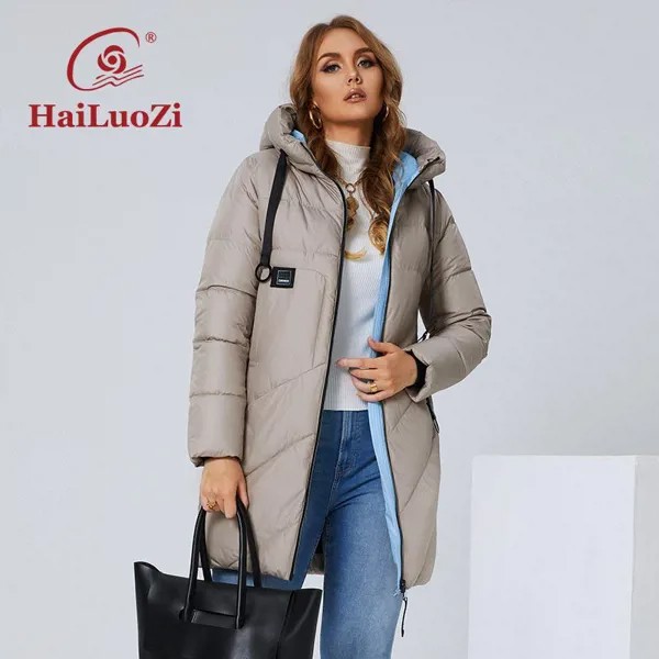 HaiLuoZi 2022 Зимняя женская куртка Длинная толстая хлопчатобумажная большая карманная дамская шерсть Мода Оверсайз L-4XL Женские повседневные пальто 6896