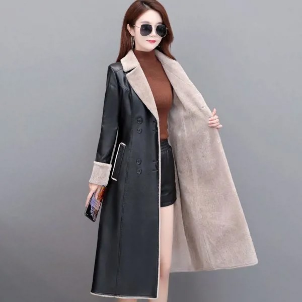 Зимняя кожаная куртка, Женское пальто, бархатная Толстая Длинная Верхняя одежда большого размера, Модный женский костюм с воротником, ветровка, парка y1198