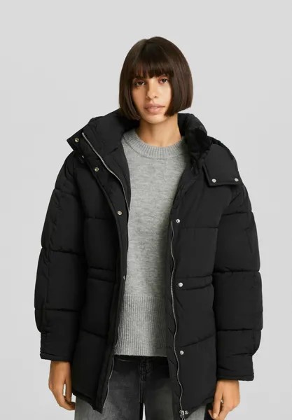 Зимнее пальто Hooded-Puffer Bershka, черный