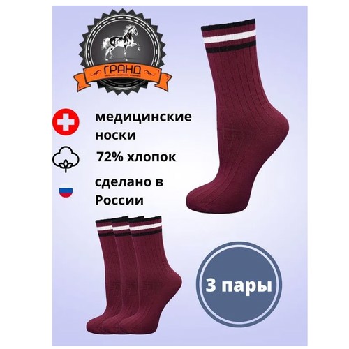 Носки ГРАНД, 3 пары, классические, размер 40/43, красный