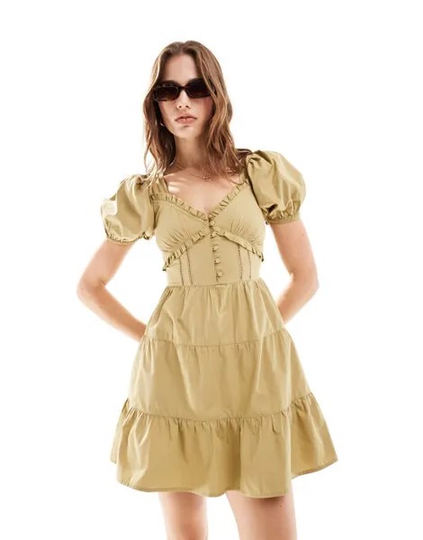 Miss Selfridge – многослойное мини-платье из поплина цвета хаки