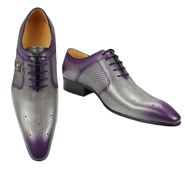 Туфли мужские классические, кожаные оксфорды, на шнуровке, с металлической пряжкой, модные деловые туфли, современные, серого, фиолетового ц...