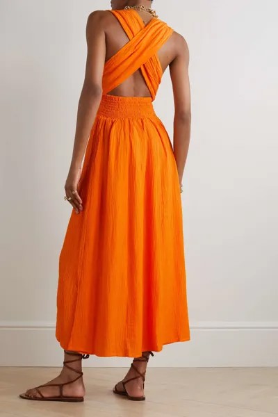 FAITHFULL THE BRAND жатое платье макси Tropiques из смесового льна, апельсин