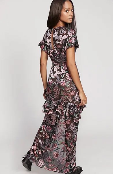 Платье макси For Love - Lemons Vivi Burnout с шелковистой рюшами и цветочным принтом, розовое, XS NWT