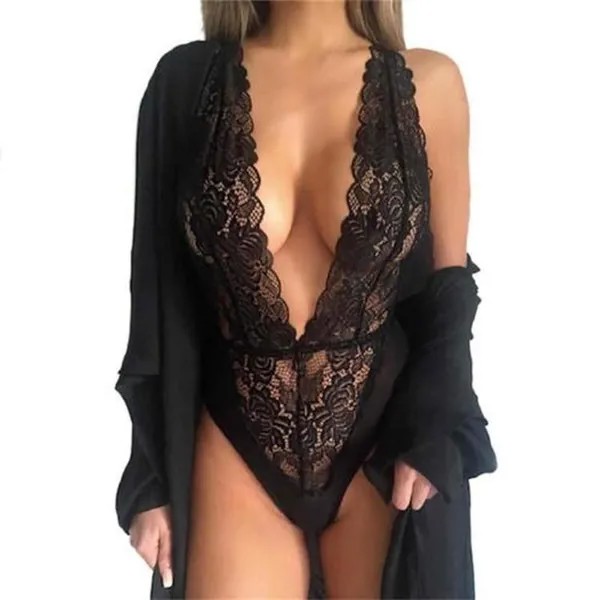 Черное кружево Чистое эротическое белье Глубокое V Neck One Piece Боди костюм Ночная одежда Дамы Сексуальный Halter Нижнее белье