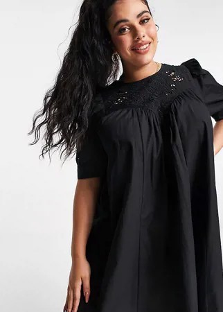 Черное свободное платье мини со вставкой с вышивкой ришелье ASOS DESIGN Curve-Черный