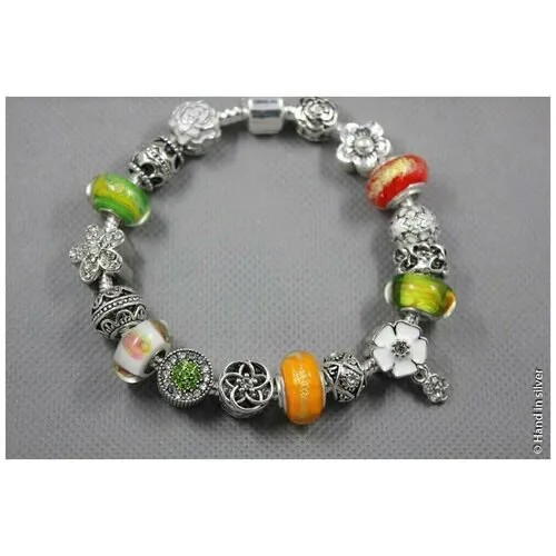 Браслет-цепочка Handinsilver ( Посеребриручку ) Браслет с шармами на основе из бижутерной стали, стразы, стекло, муранское стекло, 1 шт., размер 19 см, зеленый