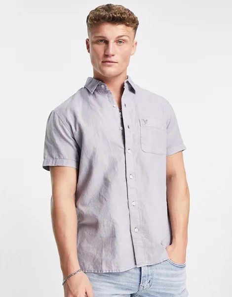 Серая рубашка из смеси хлопка и льна с короткими рукавами и логотипом American Eagle-Серый