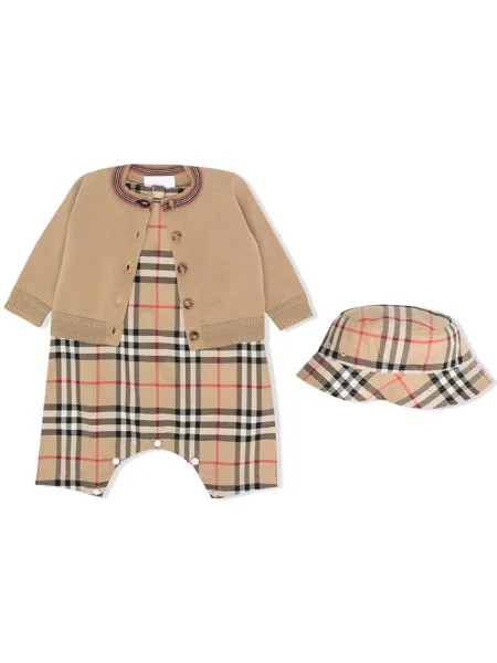 Burberry Kids комплект из ромпера и шапки с кардиганом