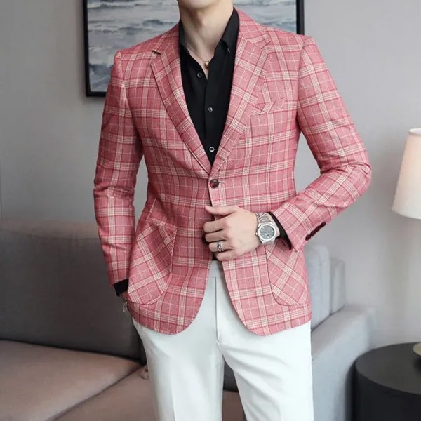 Брендовый розовый клетчатый Блейзер, мужская повседневная куртка, пальто, мужские блейзеры, костюм для мужчин, Костюмные куртки