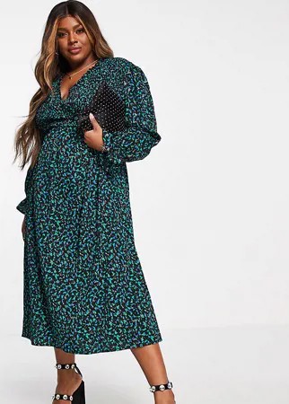 Зеленое платье с длинными рукавами и цветочным принтом Little Mistress Plus by Vogue Williams-Черный цвет