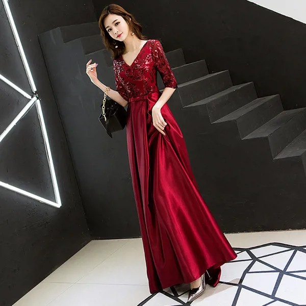 Изысканное бордовое женское Сетчатое платье с вышивкой китайские платья пикантное тонкое платье-Ципао с аппликацией вечернее платье Qipao