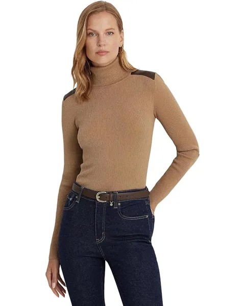 Свитер LAUREN Ralph Lauren Faux Leather-Trim Ribbed Turtleneck, цвет Classic Camel
