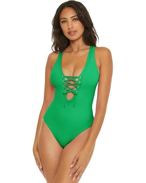 Купальник BECCA Modern Edge Rib Plunge One Piece, цвет Verde