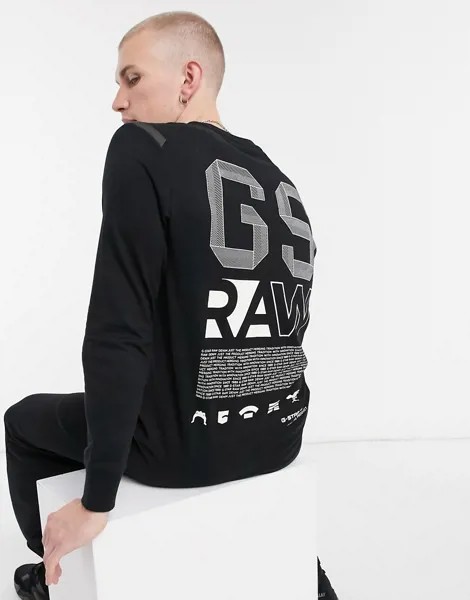 Черный лонгслив с вертикальным принтом на спине G-Star Raw