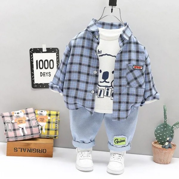 Spring Kid Boy Рубашка Одежда Верхняя одежда Костюм Комплект Клетчатое пальто + Футболка + Брюки 3PCS Мальчики Детская одежда 1 2 3 4 Года