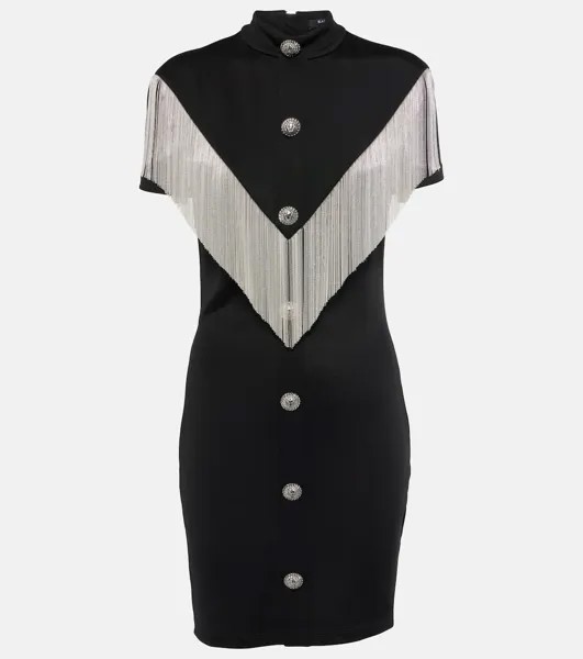 Мини-Платье из джерси с декором и бахромой Balmain, черный