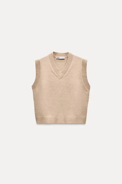 Однотяжной вязанный жилет ZARA, средний верблюд