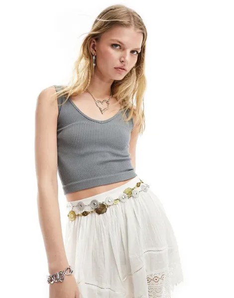 Серая рубашка в рубчик с овальным вырезом Free People